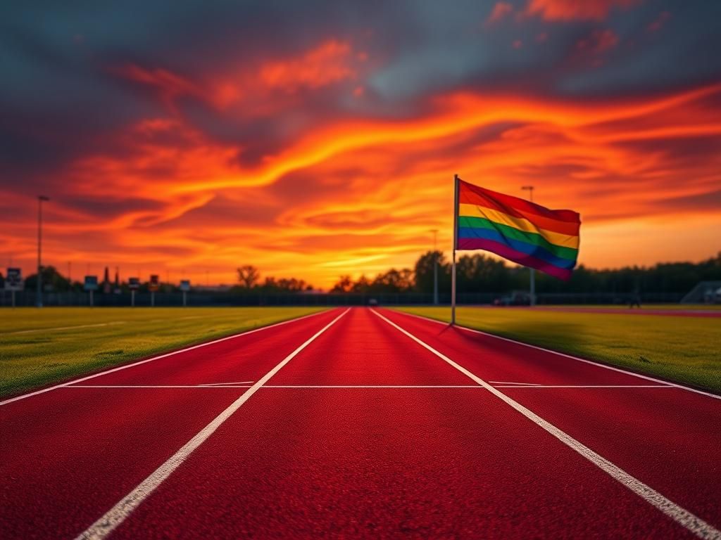 Flick International A dynamic scene of a 400-meter racing track at sunset with a finish line and blurred motion of an athlete crossing it.