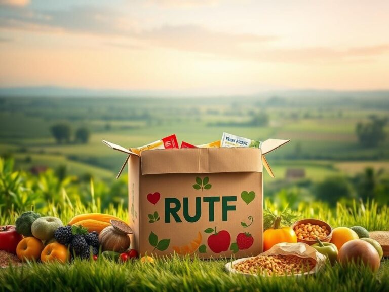 Flick International A cardboard box filled with colorful, nutritious ready-to-use therapeutic foods in a serene landscape.