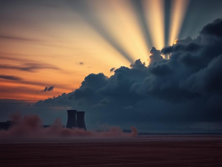 Flick International Twilight landscape over a desert with a nuclear facility silhouette representing escalating tensions in negotiations
