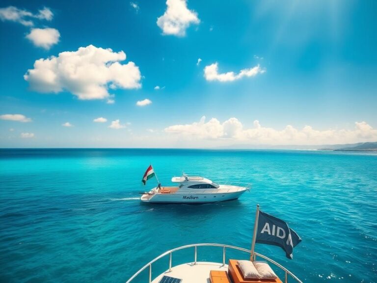 Flick International A serene view of the 'Madleen' yacht surrounded by azure waters, symbolizing humanitarian efforts.