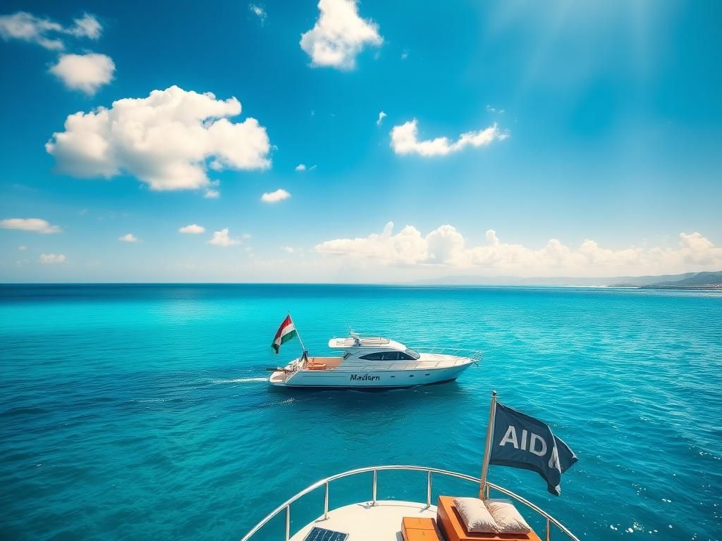Flick International A serene view of the 'Madleen' yacht surrounded by azure waters, symbolizing humanitarian efforts.