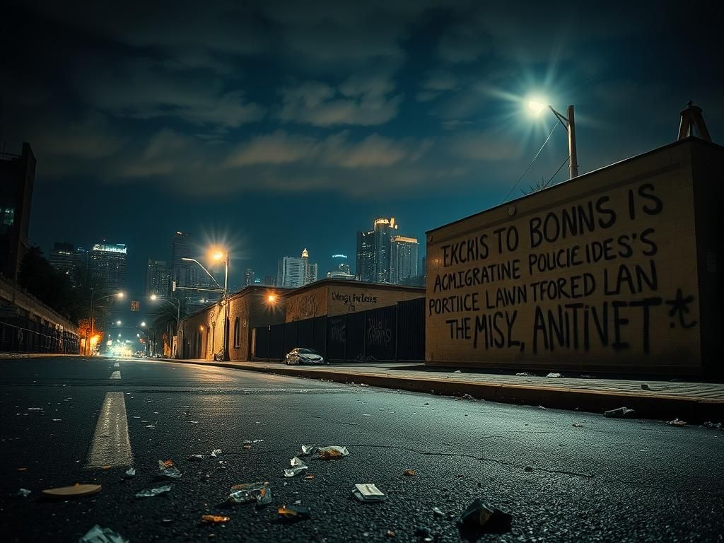 Flick International Scene of chaos in Los Angeles with broken glass and debris at night