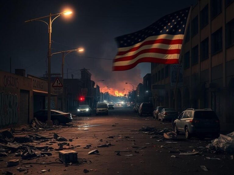 Flick International Aftermath of a riot in Los Angeles with debris, burned vehicles, and smoky background.