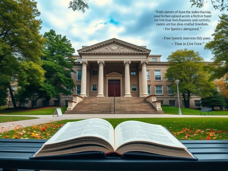 Flick International Serene university campus with neoclassical building and open book
