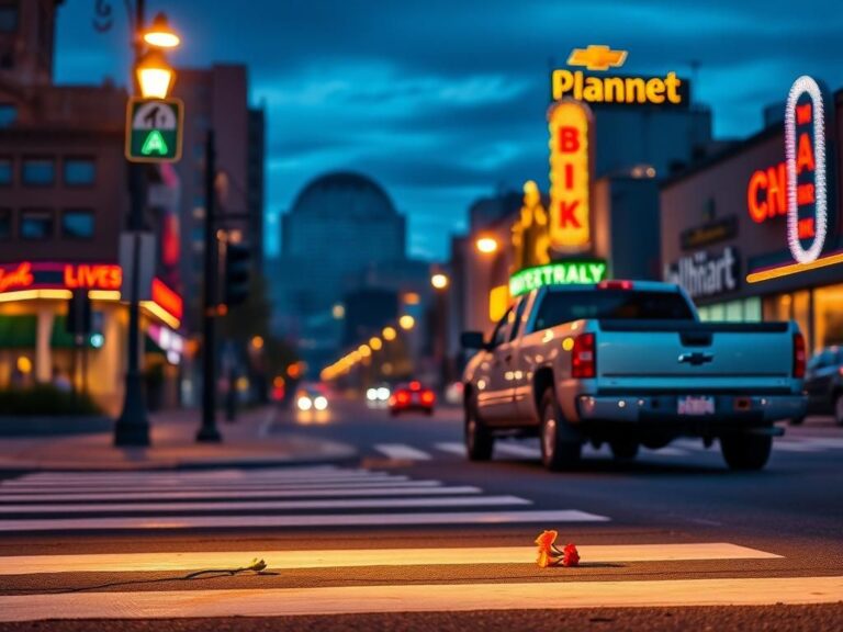 Flick International Twilight scene in downtown Nashville featuring a crosswalk and parked Chevrolet Silverado