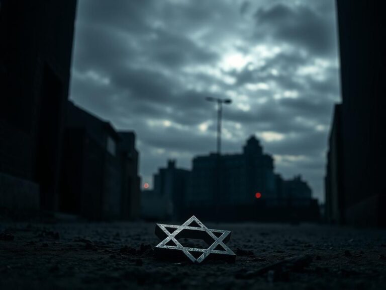 Flick International A somber depiction of a dimly lit alleyway featuring a broken Star of David symbolizing rising antisemitic domestic terrorism.