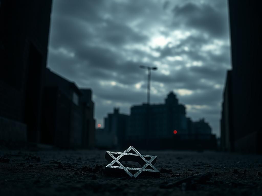 Flick International A somber depiction of a dimly lit alleyway featuring a broken Star of David symbolizing rising antisemitic domestic terrorism.