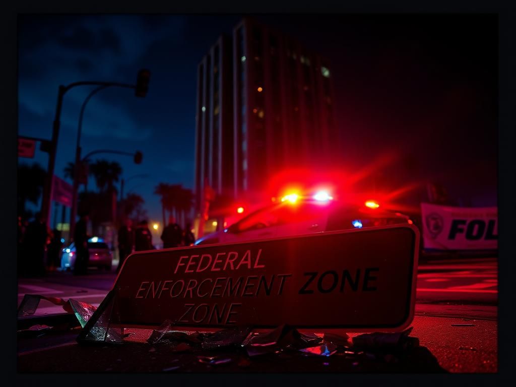 Flick International Night scene in Los Angeles with police vehicles and a broken street sign