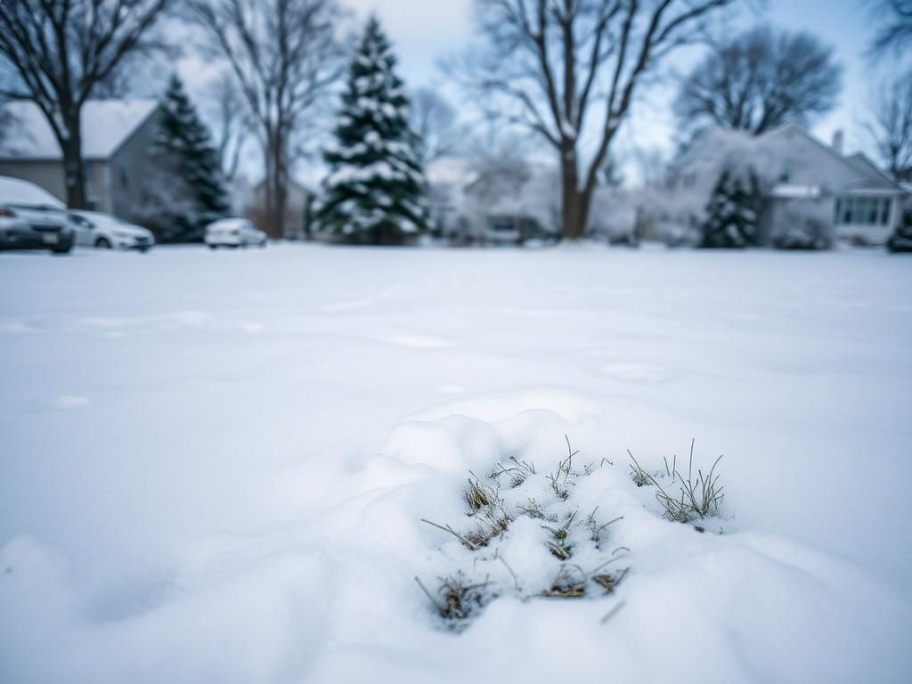 Flick International A serene winter scene in Canton, Massachusetts showing a snow-covered suburban front yard