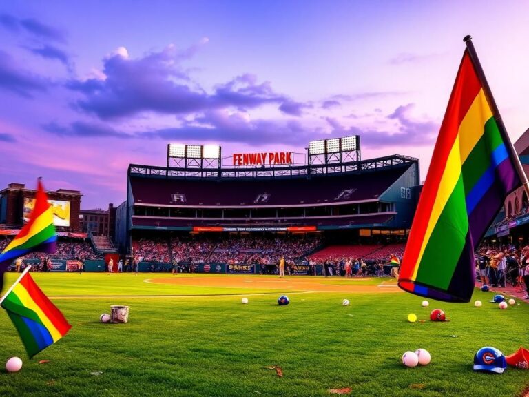 Flick International A vibrant scene of Fenway Park illuminated in rainbow colors during the Pride Night event, showcasing inclusivity.