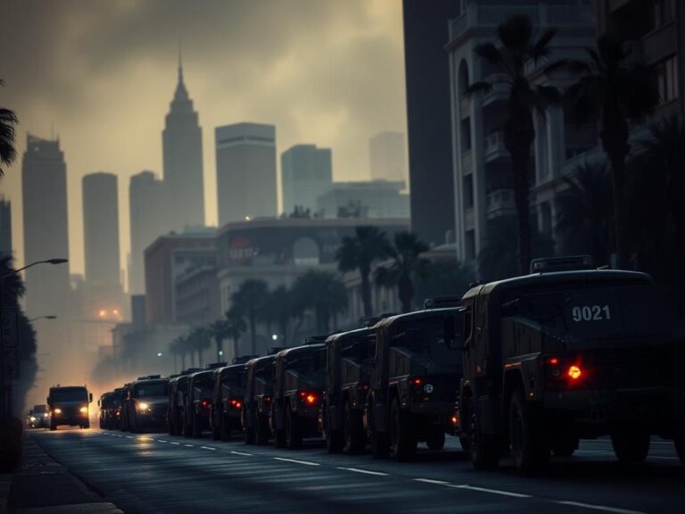 Flick International Military vehicles lined up in a fortified urban Los Angeles landscape