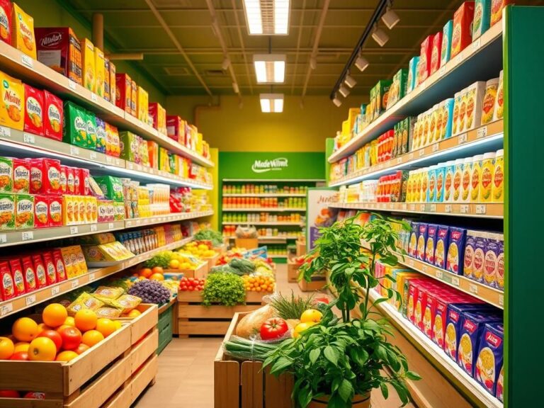 Flick International Vibrant grocery aisle featuring food products labeled 'Made Without' emphasizing their natural ingredients and free from harmful additives.