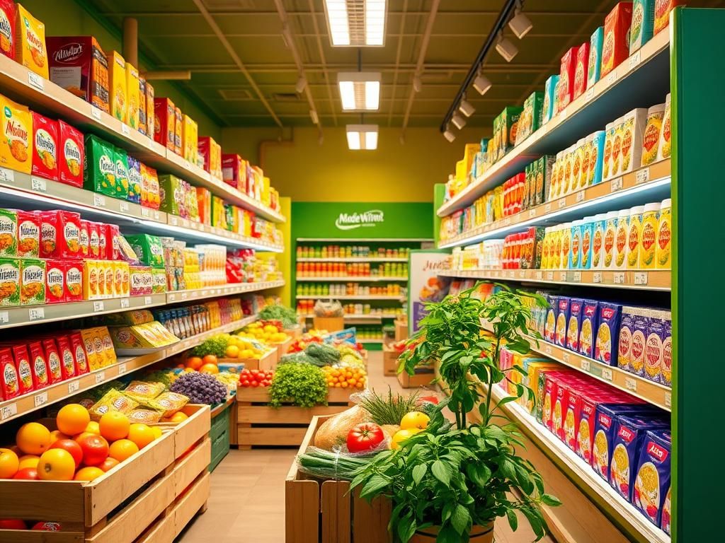 Flick International Vibrant grocery aisle featuring food products labeled 'Made Without' emphasizing their natural ingredients and free from harmful additives.