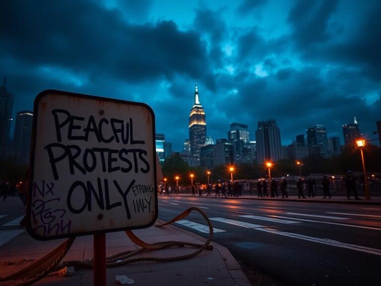 Flick International Nighttime cityscape of New York City with a 'Peaceful Protests Only' sign, symbolizing anti-ICE unrest