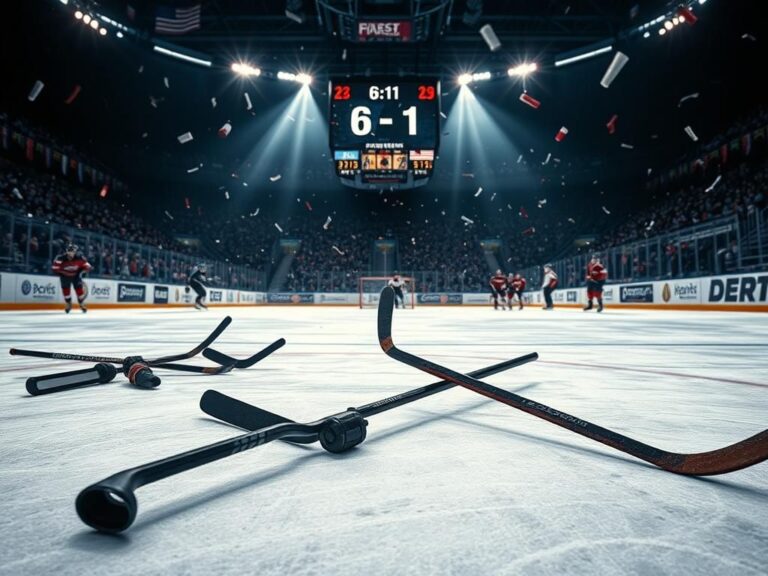 Flick International Dramatic ice rink scene capturing the chaos of a hockey game in progress