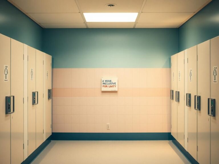 Flick International Serene YMCA locker room with gender-specific changing stalls.
