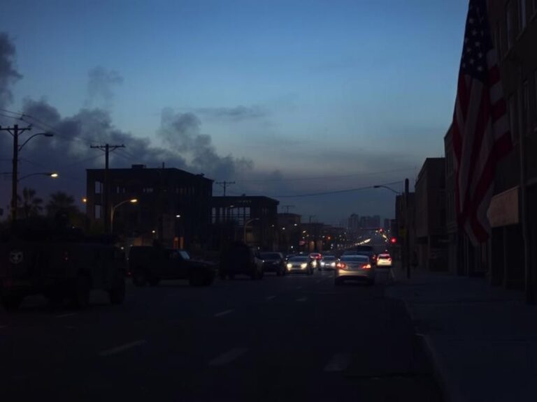 Flick International A deserted street in Los Angeles showcasing military vehicles and a damaged American flag.