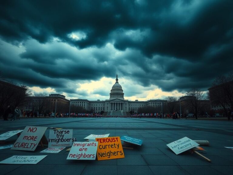 Flick International Empty public square filled with protest signs emphasizing immigration rights