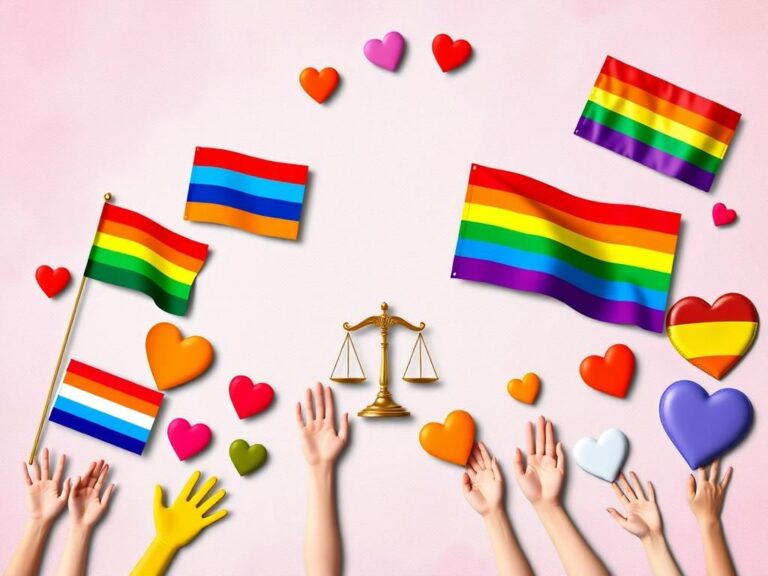 Flick International A vibrant display of LGBTQ+ pride symbols including rainbow and transgender flags with legal elements subtly integrated.
