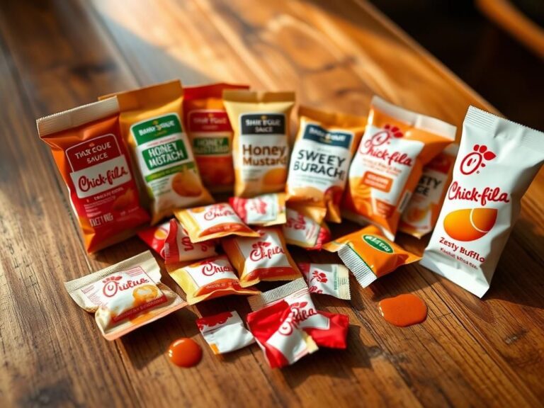 Flick International An assortment of torn Chick-fil-A sauce packets on a rustic wooden table.
