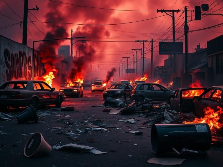 Flick International Dark and chaotic urban scene in Los Angeles showcasing smoke, flames, and debris from unrest