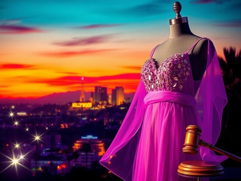 Flick International A vibrant cityscape of Los Angeles at dusk featuring the Hollywood sign and palm trees against a colorful sunset sky