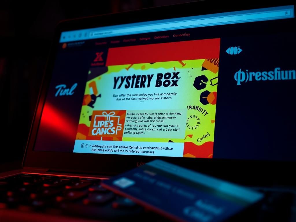 Flick International Close-up view of a computer screen displaying a deceptive online store with a misleading advertisement for a mystery box offer.