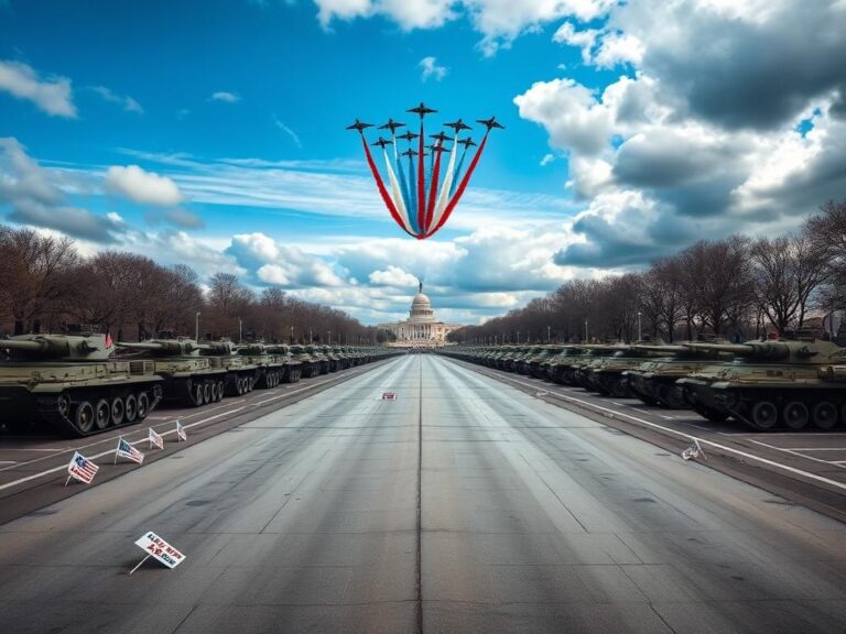 Flick International Aerial view of a military parade in Washington, D.C. showcasing military vehicles and flyover jets