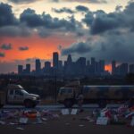 Flick International A dramatic skyline of Los Angeles at dusk featuring military vehicles and the U.S. flag