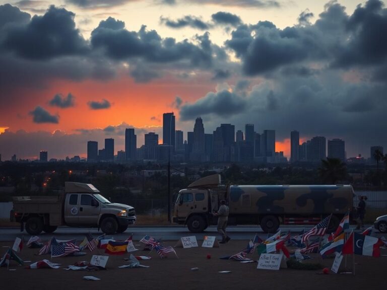 Flick International A dramatic skyline of Los Angeles at dusk featuring military vehicles and the U.S. flag