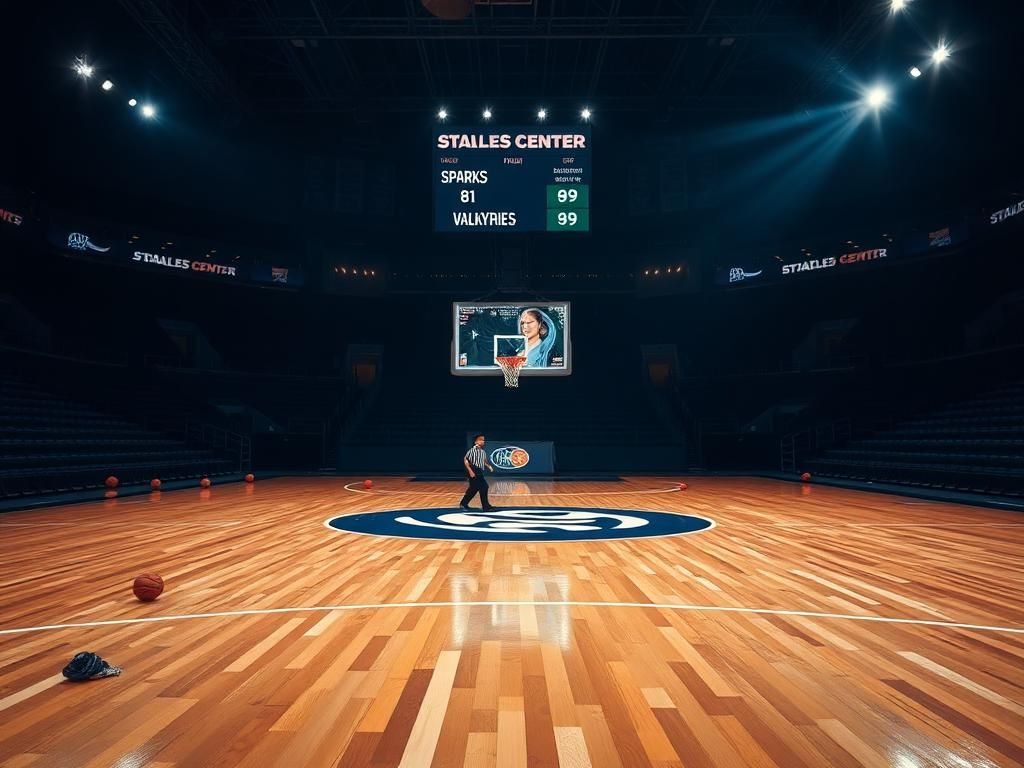 Flick International Tense basketball court scene at Staples Center during the WNBA game featuring LA Sparks and Valkyries.