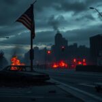 Flick International A charred vehicle on a debris-strewn street symbolizing civil unrest in Los Angeles