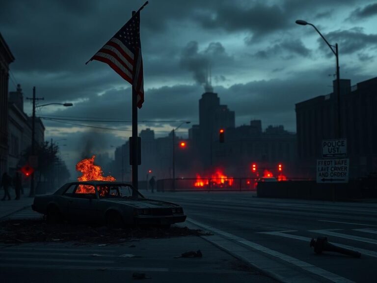 Flick International A charred vehicle on a debris-strewn street symbolizing civil unrest in Los Angeles