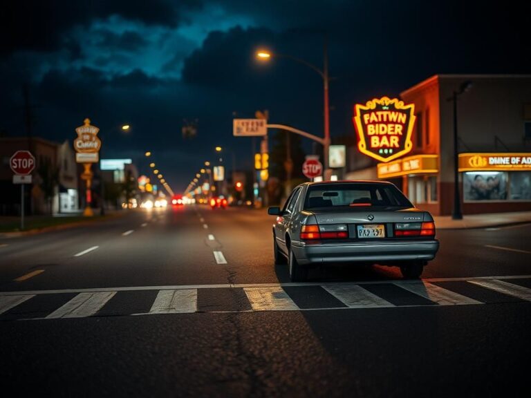 Flick International Nighttime urban street scene in Kentucky with an abandoned car and blurred traffic signs