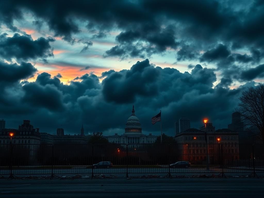 Flick International Cityscape at twilight with stormy clouds and police barricade symbolizing unrest