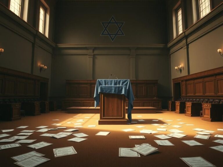 Flick International Empty chamber of the New York state assembly with wooden podium and Star of David symbol