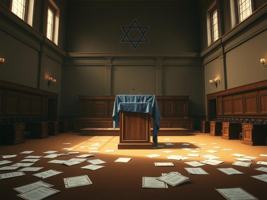 Flick International Empty chamber of the New York state assembly with wooden podium and Star of David symbol
