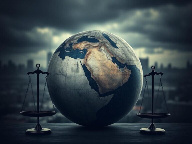Flick International A weathered globe highlighting the Middle East region with abstract scales of justice around it