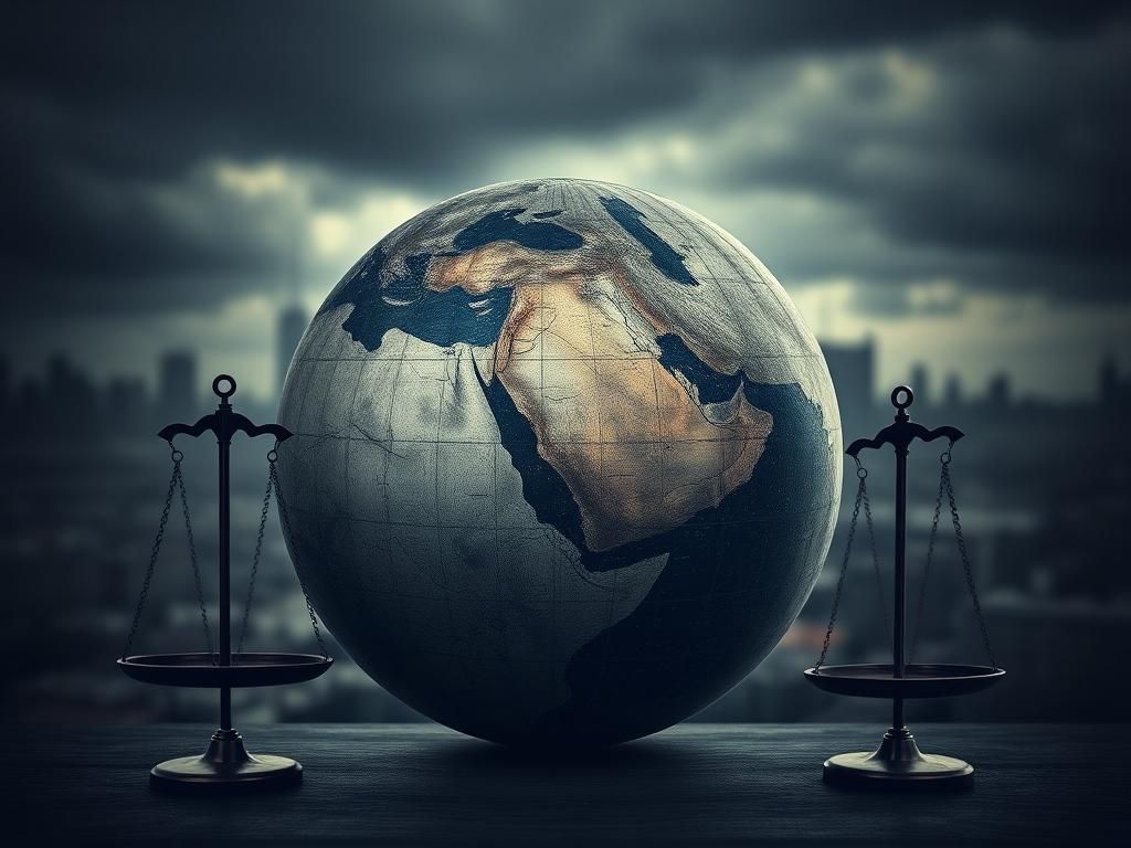 Flick International A weathered globe highlighting the Middle East region with abstract scales of justice around it
