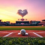 Flick International Vibrant baseball diamond scene at dusk with heart-shaped cloud over home plate