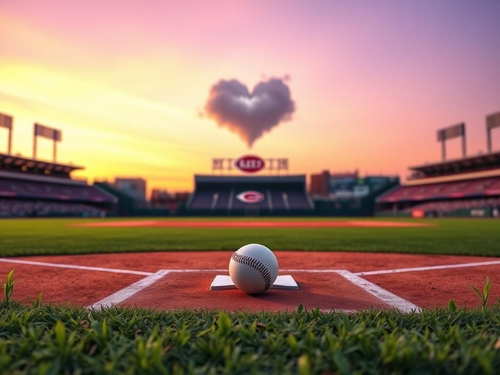 Flick International Vibrant baseball diamond scene at dusk with heart-shaped cloud over home plate