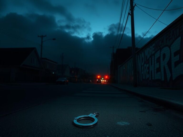 Flick International Abandoned handcuffs on a deserted Los Angeles street at dusk, symbolizing oppression.