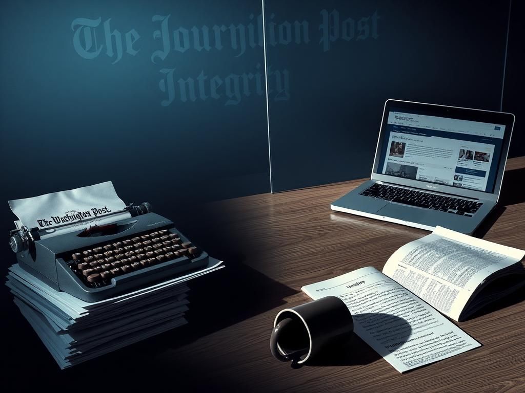 Flick International Artistic representation of an empty newspaper office with an old-fashioned typewriter and Washington Post logo.