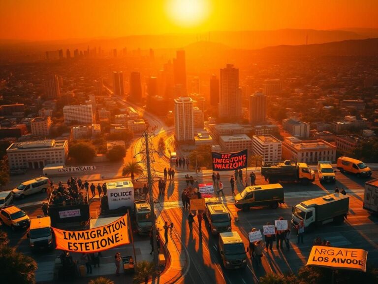 Flick International Aerial view of Los Angeles during sunset with protests and police presence