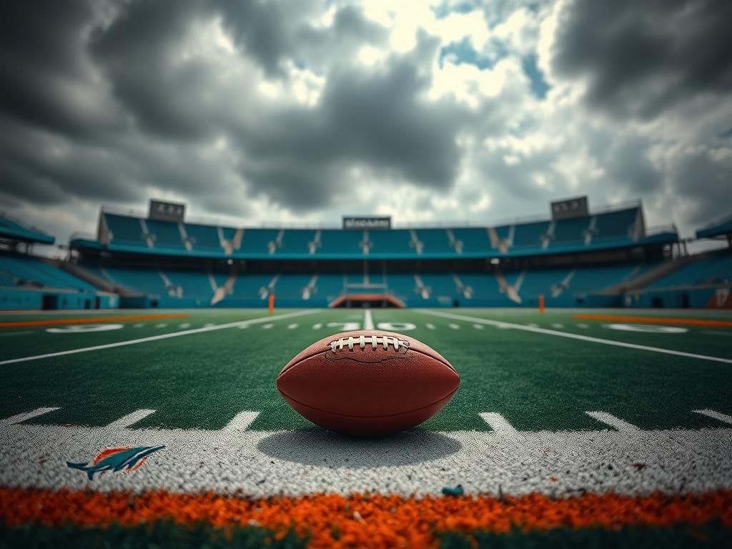 Flick International A dramatic Miami Dolphins football field with a lone football on the 50-yard line under a cloudy sky