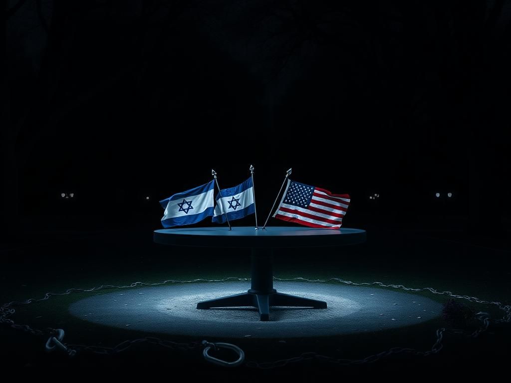 Flick International Night scene in park with empty circular table and contrasting flags of Israel and the United States