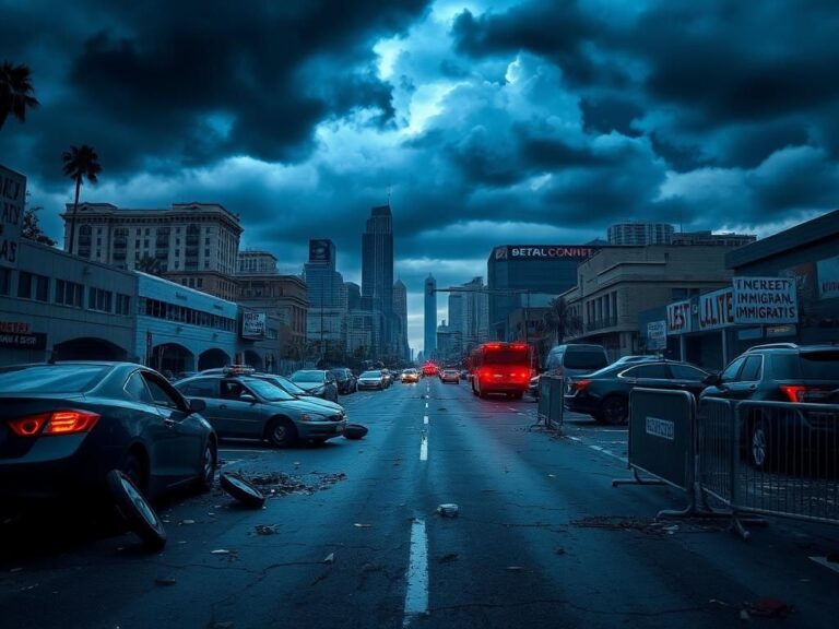 Flick International A deserted street in Los Angeles post-riot with overturned cars and debris