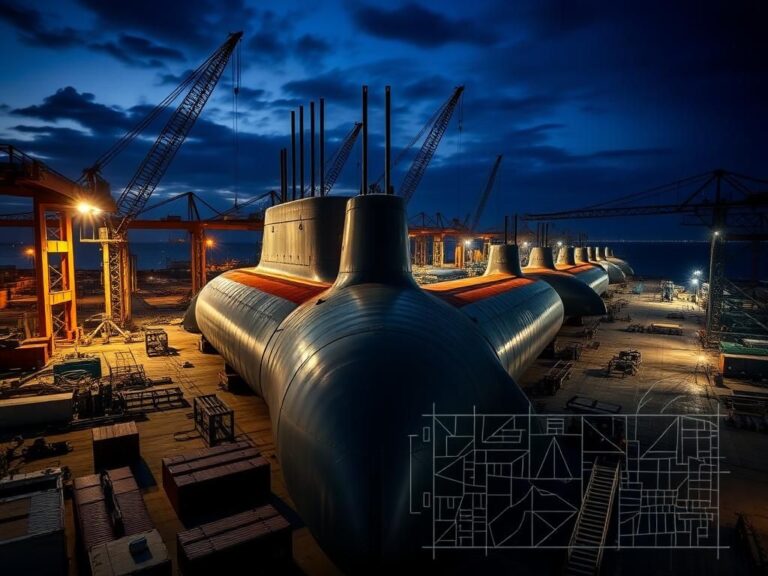 Flick International Aerial view of an unfinished submarine hull in a shipyard at twilight