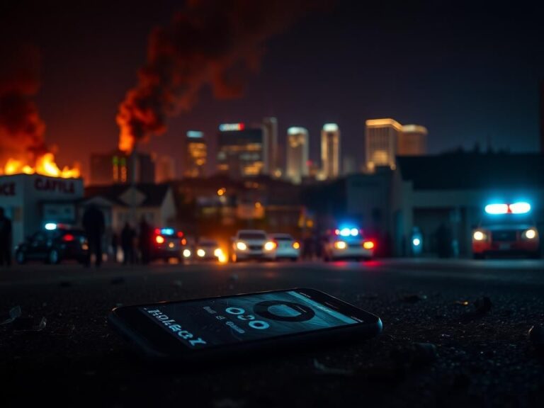 Flick International Nighttime cityscape of Los Angeles during riots with a shattered phone displaying a call log