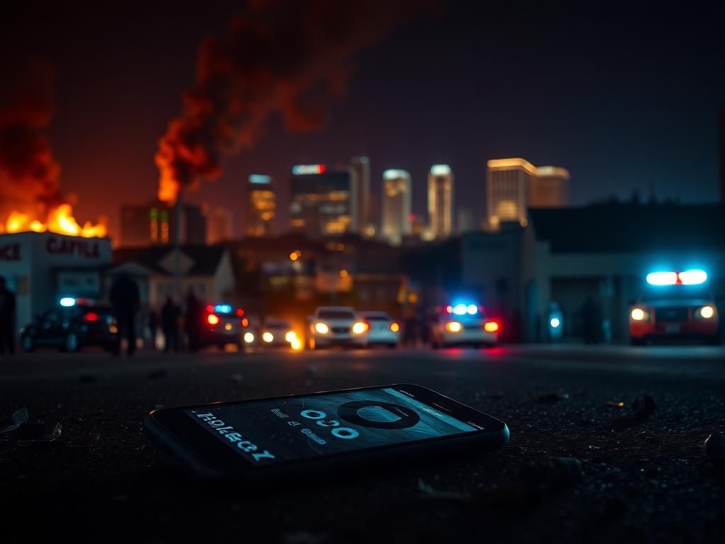 Flick International Nighttime cityscape of Los Angeles during riots with a shattered phone displaying a call log